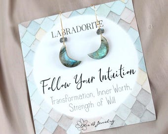 Dangling moon earrings, labradorite crescent moon earrings, gemstone earrings, silver or gold, metaphysical jewelry