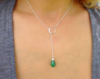 Emerald Y Drop Necklace, Sterling Silver Lariat, Gemstone Jewelry