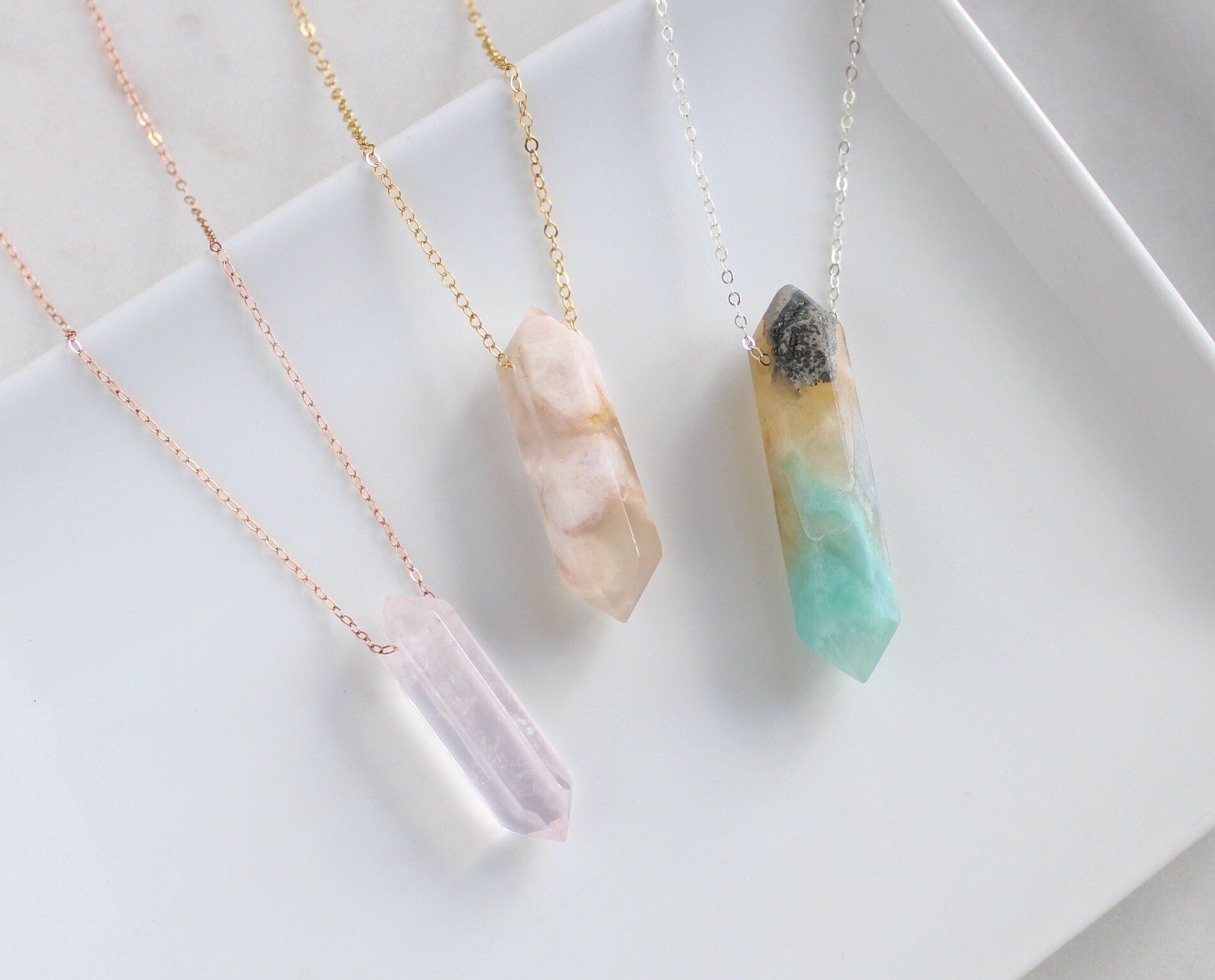 Crystal Point Necklace Floating Rose Quartz Pendant Necklace