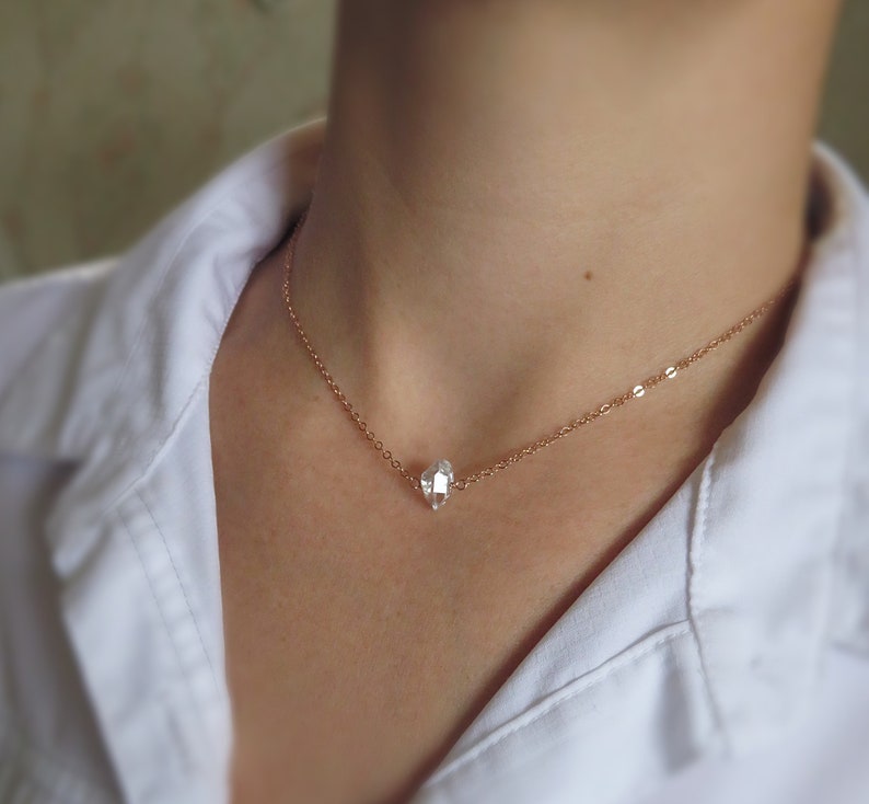 Tiny Herkimer diamond necklace, minimal crystal layering necklaces for women, bridesmaid gift, april birthstone, aries jewelry, wedding gift image 3