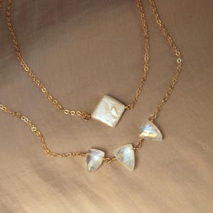 Rainbow Moon stone three stone Necklace, Dainty Gemstone Jewelry, June Birthstone gift for her, Gemini gift for women image 4