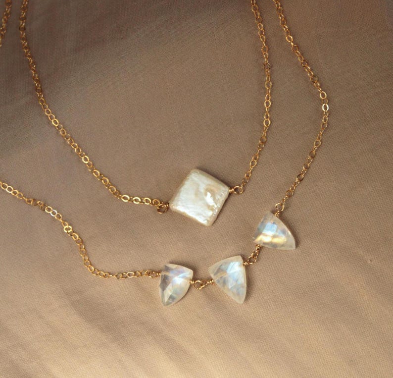 Rainbow Moon stone three stone Necklace, Dainty Gemstone Jewelry, June Birthstone gift for her, Gemini gift for women image 4