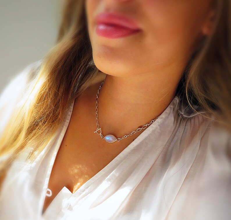 sterling silver chunky cable chain necklace moonstone necklace Moonstone statement necklace,Toggle clasp necklace bezel set moonstone