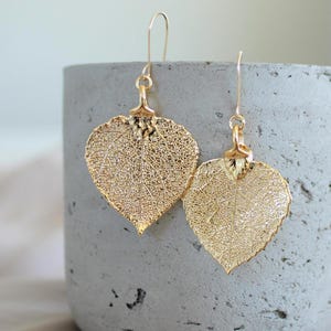 May include: Gold-colored leaf-shaped earrings with intricate vein detailing. The earrings hang from delicate gold-tone ear wires. The leaves are heart-shaped and have a textured appearance, creating a natural and elegant look. The earrings are displayed against a gray background.