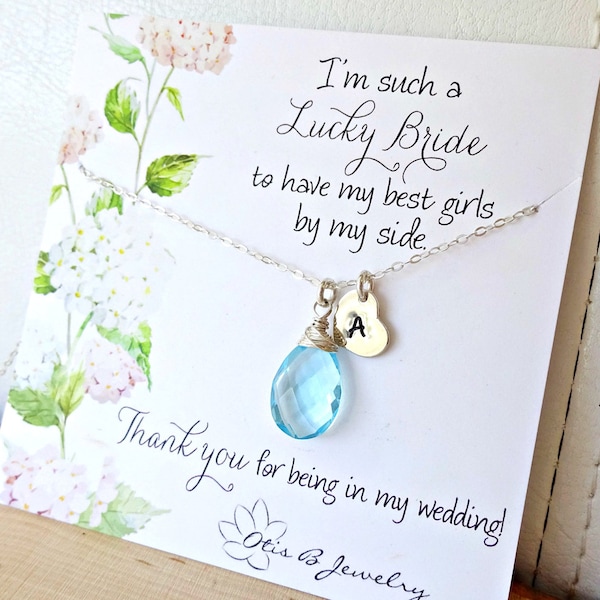 Personalized Bridesmaid Gift, Custom stone & initial charm, bridal jewelry, be my bridesmaid proposal gift, sterling silver, 14K GF, Otis B