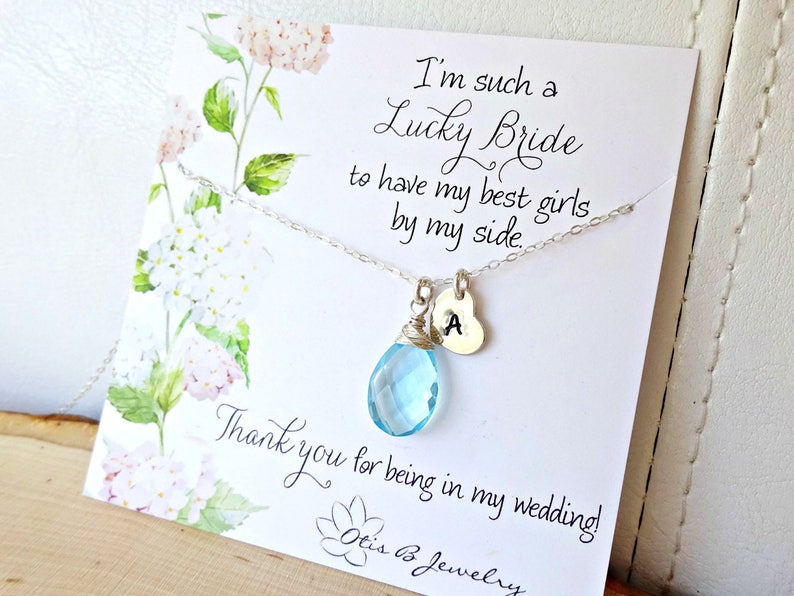 Personalized Bridesmaid Gift, Custom stone & initial charm, bridal jewelry, be my bridesmaid proposal gift, sterling silver, 14K GF, Otis B image 1