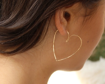 Large heart hoop earrings, waterproof 14k gold filled sterling silver handmade heart shape hoops, geometric open hoop earrings gift for her