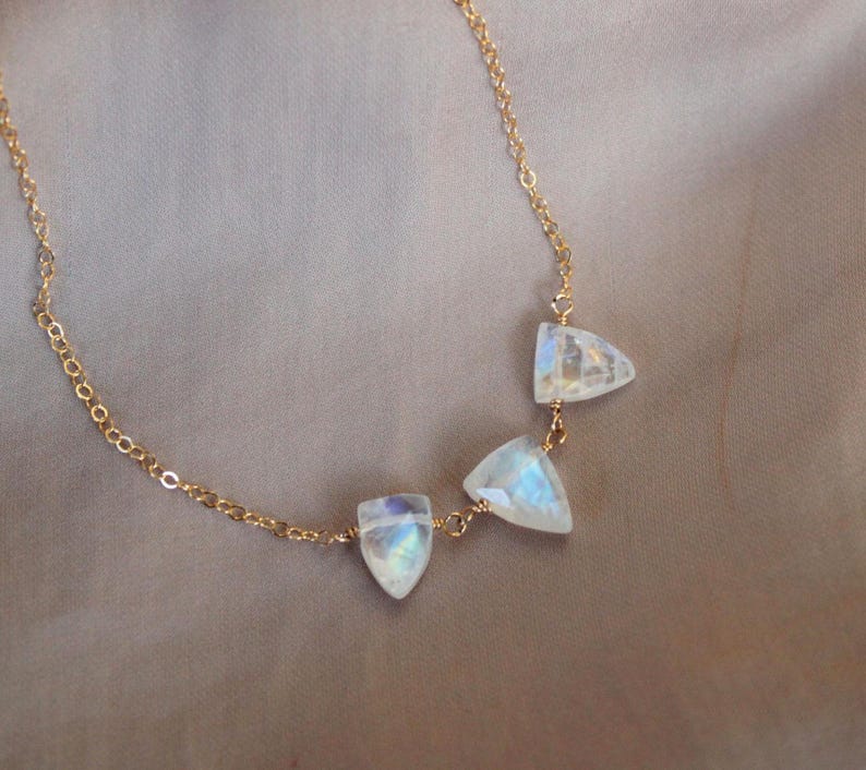 Rainbow Moon stone three stone Necklace, Dainty Gemstone Jewelry, June Birthstone gift for her, Gemini gift for women image 7