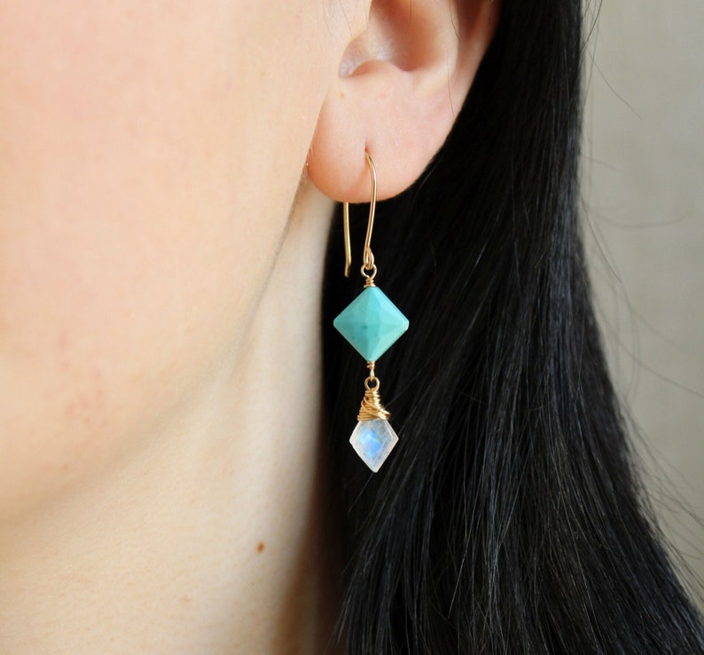 ARIZONA turquoise earrings, moonstone dangle earrings, wire wrapped gemstone earrings, blue stone earrings, geometric diamond shape image 1