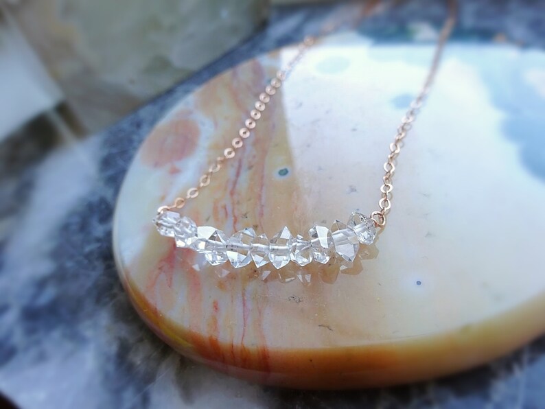 april birthstone carrie diamond necklace raw crystal necklace minimalist necklace rose gold gem bar Herkimer Diamond bar necklace