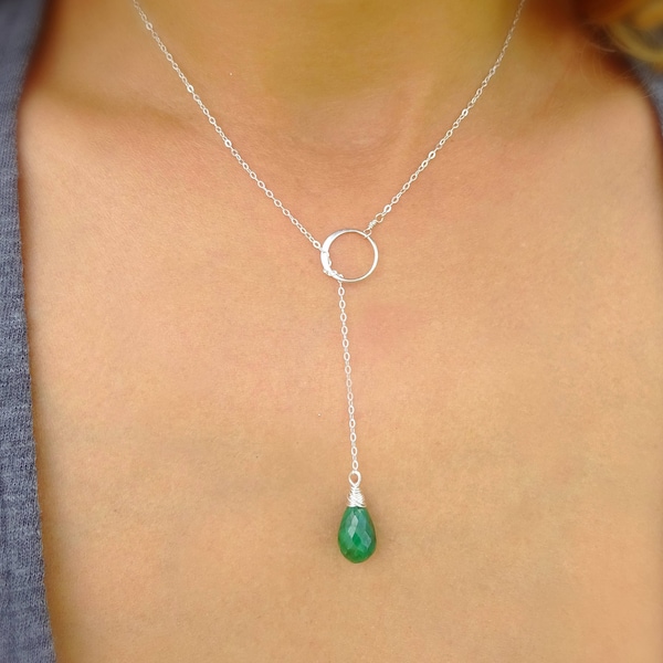 Emerald Y necklace, gift for her, may birthstone, natural gemstone gift for her, gemstone drop necklace, raw emerald lariat necklace