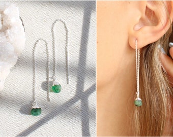 Raw emerald dangling earrings, minimal emerald drop earrings, 925 silver threaders, custom rough cut gemstone earrings, waterproof, Trending
