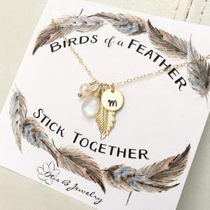 Personalized friendship necklace, customized birthstone & initial necklace, gift for best friends, sister gift, feather charm necklace