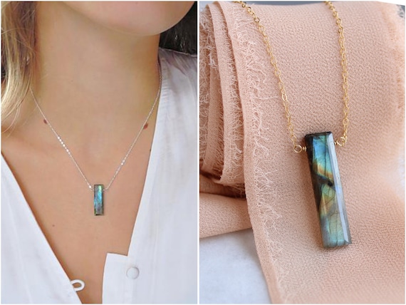 Dainty Gemstone Necklace, Labradorite Pendant Necklace, Gem Bar Necklace,  Sterling Silver, Vertical Bar Necklace, Gemstone Jewelry, 14k GF - Etsy