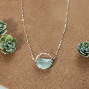 Custom stone layering necklace, semicircle necklace, seafoam gemstone necklace, half moon pendant, 925 silver, 14K GF, geometric jewelry