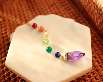 Handmade 7 Chakra Gemstone Necklace: Raw Amethyst Pendant