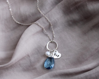 Personalized Police Badge Number Necklace: Blue Quartz, Sterling Silver