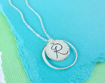 Letter necklace, personalized circle necklace, script initial, bridesmaid gift, sister gift, personalized gift for her, initial necklace