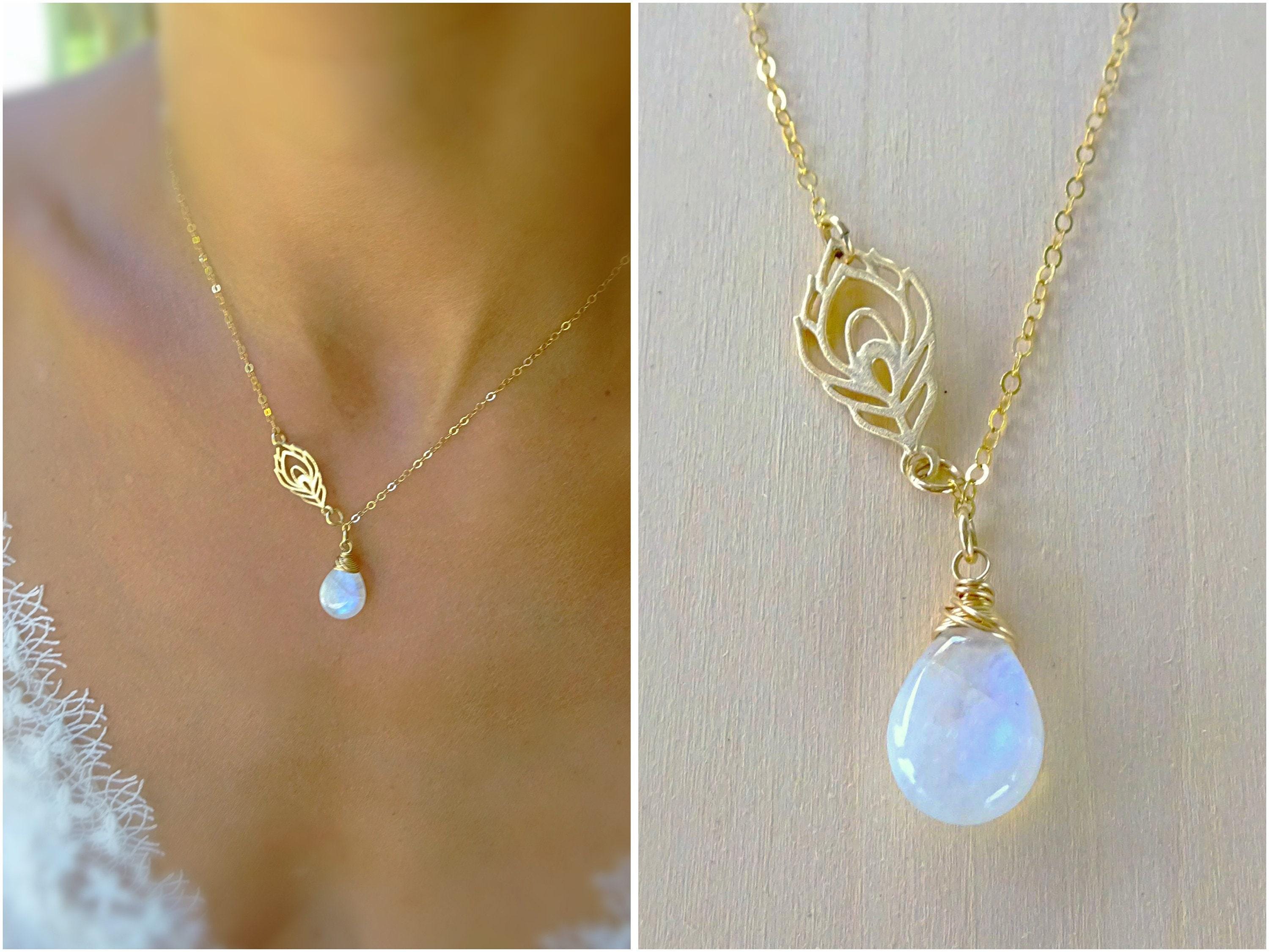 Rainbow Moonstone necklace, moonstone jewelry, peacock necklace, moonstone crystal necklace, necklace for bride, feather charm necklace