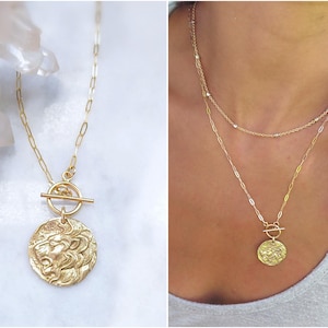 Lion necklace, ancient gold coin medallion, Leo jewelry gift for her, Lion of Judah, gold paperclip chain toggle necklace, graduation gift,