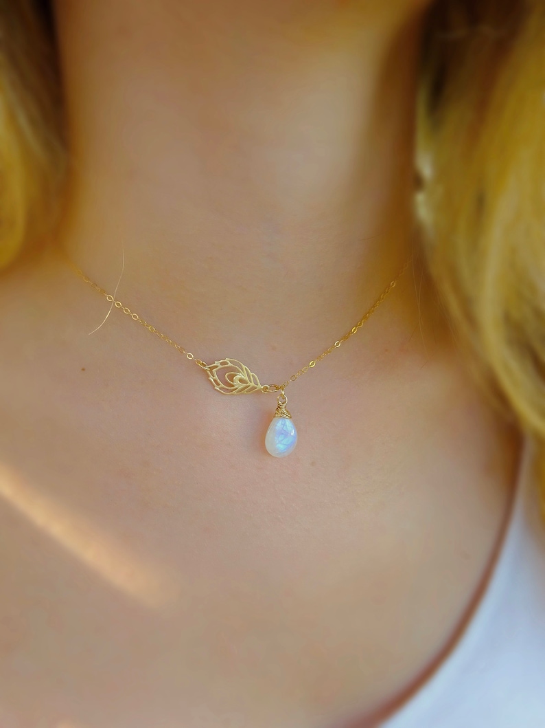 Rainbow Moonstone necklace, moonstone jewelry, peacock necklace, moonstone crystal necklace, necklace for bride, feather charm necklace image 5