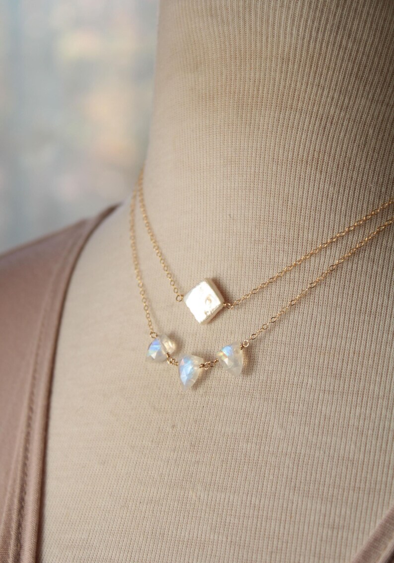 Rainbow Moon stone three stone Necklace, Dainty Gemstone Jewelry, June Birthstone gift for her, Gemini gift for women image 6