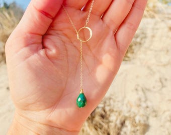 Raw Emerald Y Lariat Necklace: Sterling Silver or gold filled, May Birthstone, Taurus gift