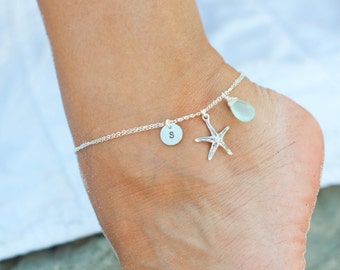 Personalized ankle bracelet, silver anklet, starfish charm anklet with initial, bridesmaid gifts, beach wedding, summer jewelry gift for her