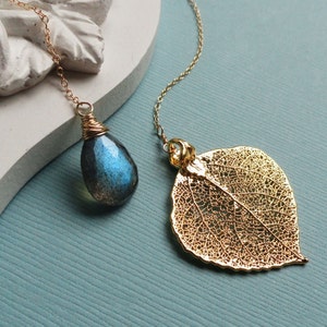 Labradorite necklace & real gold aspen leaf, lariat style, wire wrapped, Gold Filled Chain, Bridesmaid gift, autumn wedding jewelry image 1