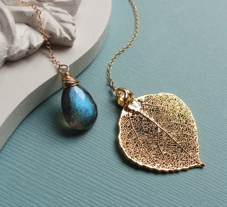 Labradorite necklace & real gold aspen leaf, lariat style, wire wrapped, Gold Filled Chain, Bridesmaid gift, autumn wedding jewelry image 1