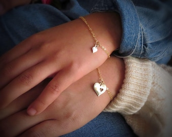 Mother daughter charm bracelet set, heart bracelets, sweet jewelry gift for girls, first day of school gift for her, back to school gift
