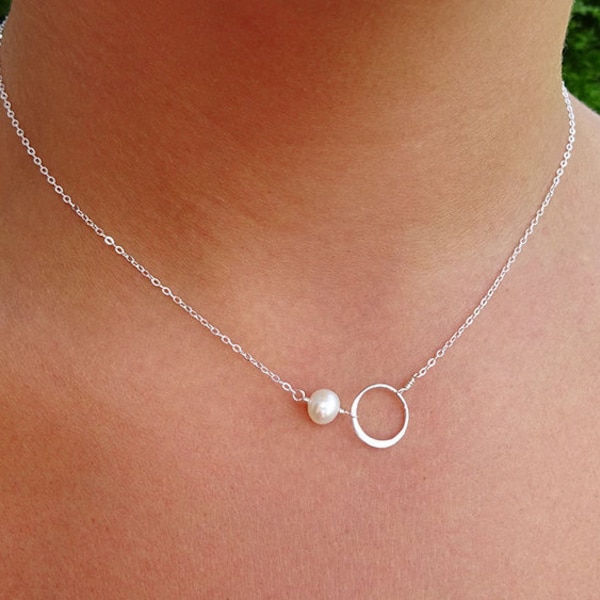 Offset pearl necklace, eternity circle karma necklace, bridesmaid gift, minimal geometric natural freshwater pearl necklace, otis b jewelry