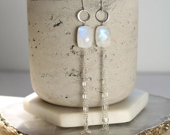 Long Moonstone earrings, sterling silver chain earrings, rainbow moonstone jewelry, June birthstone, handmade gemstone earrings gift for her