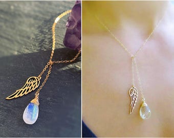 Gemstone Angel Wing Lariat Necklace: Sterling Silver Remembrance Jewelry