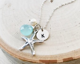 Personalized starfish necklace, wedding jewelry, aqua chalcedony, custom stone, bridesmaid gift, initial charm necklace, something blue