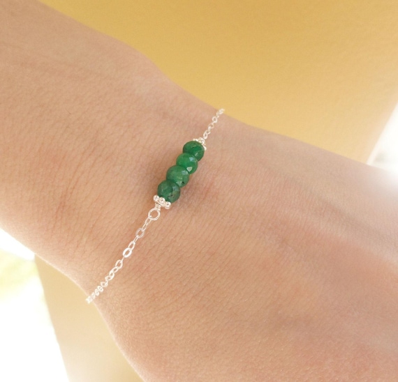 Dainty Emerald Bracelet: Sterling Silver Gemstone Bar, Adjustable