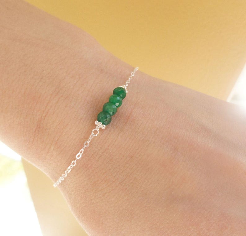 Dainty Emerald Bracelet: Sterling Silver Gemstone Bar, Adjustable image 1