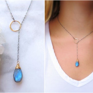 Blue Fire Labradorite Necklace, labradorite Y necklace, mixed metal necklace, Two tone, black and gold, Labradorite pendant crystal necklace