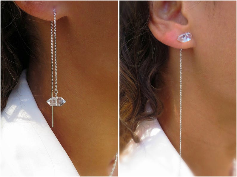 Sterling Silver Herkimer Diamond Threader Earrings, Raw Crystal Jewelry, April Birthstone image 3
