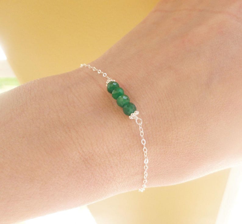 Dainty Emerald Bracelet: Sterling Silver Gemstone Bar, Adjustable image 2