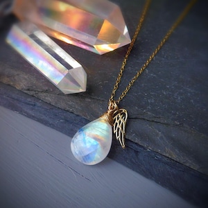 Angel necklace, rainbow moonstone pendant necklace, memorial jewelry, bereavement gift for her, angel wing charm necklace, 925 silver 14K GF