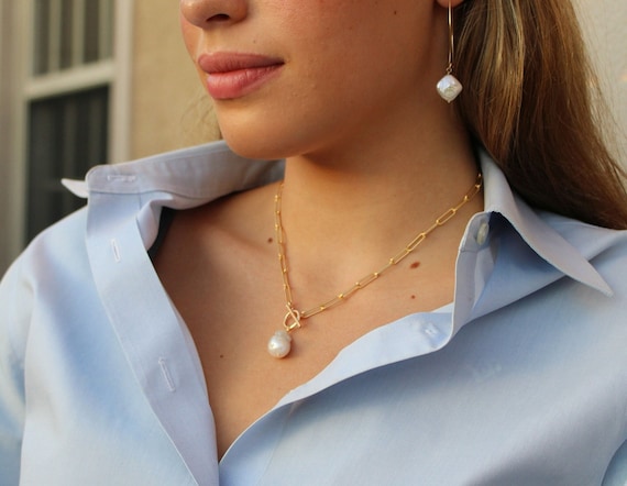 pearl pendant necklace paperclip chain 