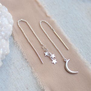Mismatched moon & star earrings, sterling silver threaders, celestial earrings, crescent moon earrings, boho earrings, silver earrings