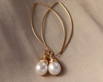 Long 14k Gold Filled Pearl Drop Earrings: Minimalist Freshwater Jewelry