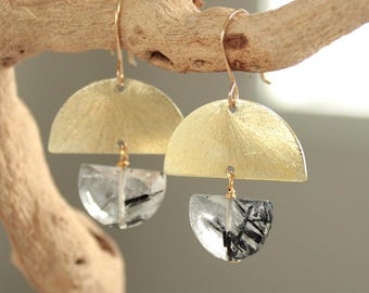 Black Tourmaline Quartz, modern crystal dangle earrings, handmade gem stone jewelry, boho chic, gold or silver, gift for her