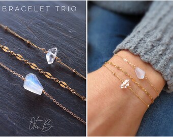 Dainty layering Bracelets, moonstone bracelet, crystal Bracelet, set of three Bracelets, Delicate layered Bracelet set, jewelry gift for her