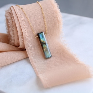 minimal semi precious gem stone layering necklaces for women, labradorite pendant, linear geometric modern minimalist necklace gift for her