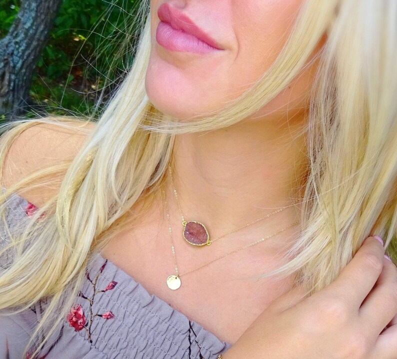 neutral color tan brown druzy crystal cluster raw agate druzy pendant necklace Gold edged druzy necklace natural crystal druzy necklace