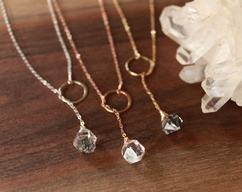 Crystal Y necklace, Herkimer diamond drop necklace, Salt & pepper herkimer necklace, lariat necklace, raw crystal pendant, bridesmaid gift