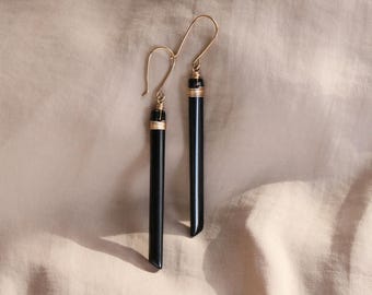 Obsidian Earrings, Long black minimalist earrings, volcanic glass, wire wrapped, silver or gold, waterproof, everyday earrings